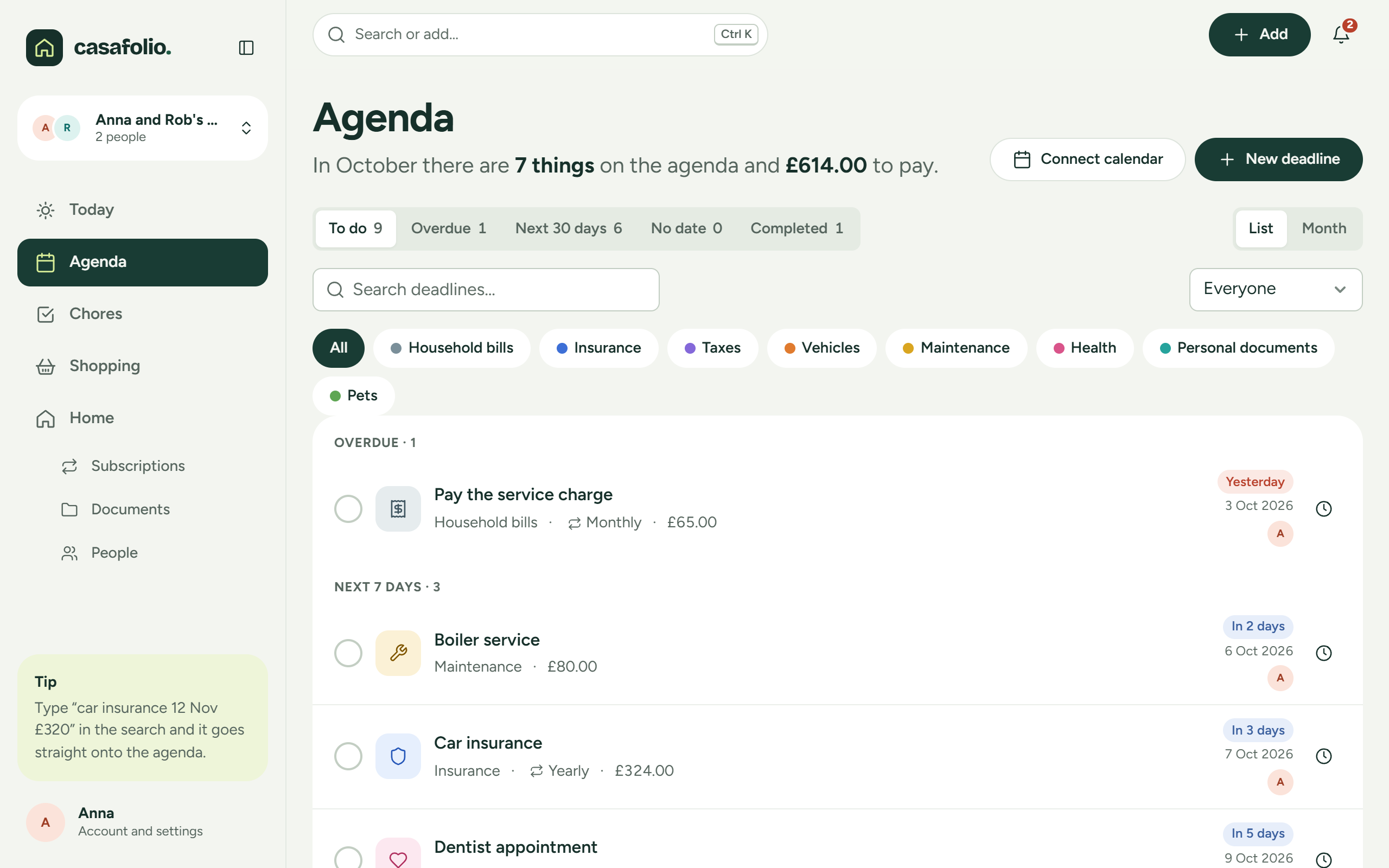 Agenda with deadlines by month and by person